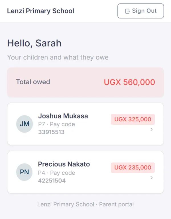 The parent portal on a phone: a parent's two children and what each one owes.